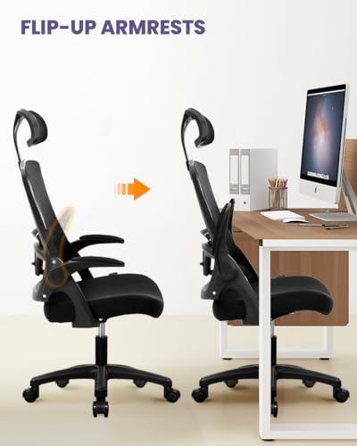 NEO CHAIR Office Desk Chair with Ergonomic High Back Headrest, Mesh Black | Adjustable Headrest and Lumbar Support with Flip-Up Armrests Designed for Extended Sitting Comfort While Saving Space - color: Mesh Black