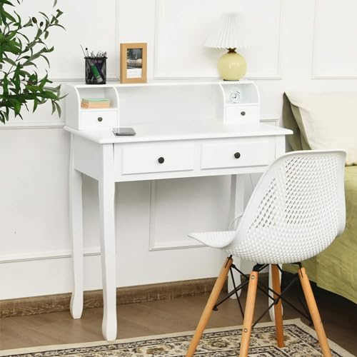 Giantex Writing Desk with 4 Drawers, Removable Floating Organizer 2-Tier Mission Home Computer Vanity Desk for Apartment Small Space, White - color: White