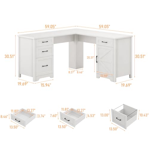 Vabches 59” Farmhouse L Shaped Executive Desk with File Drawer, Cream White | Home Office Desk with Storage Cabinet, Wood Corner Sturdy Writing Workstation - color: Cream White, size: Cabinet on the Right