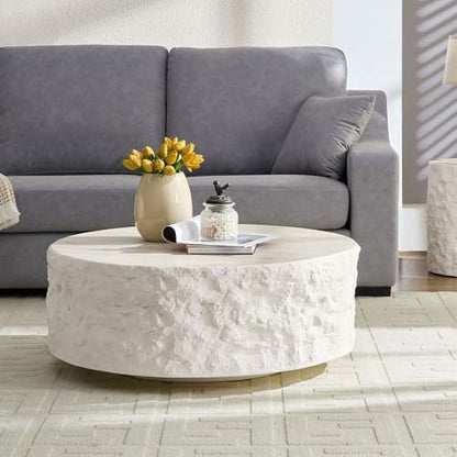 RoundCoffee Table, Modern Drum Design, Circle Fiberglass Coffee Table, End Table for Living Room, Apartment, No Assembly Required (35.43'' Cement Stone Pattern) - color: 35.43'' Cement Stone Pattern