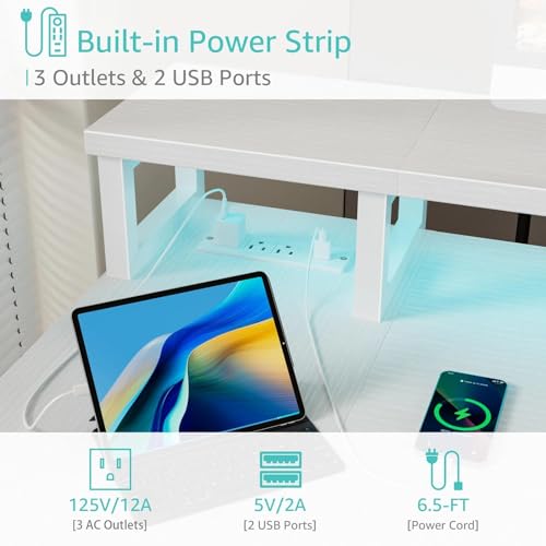 Lufeiya L Shaped Desk with Led Lights and Power Outlets, 47 Inch Writing Study Computer Gaming Desks with Fabric Drawers for Bedroom, Home Office Corner Desk with Monitor Stand Shelves, White