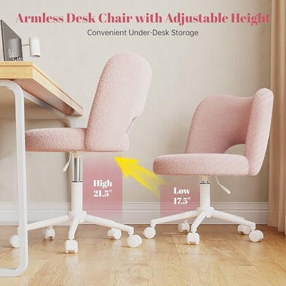 DurayLoly Vanity Chair with Open Back & Wheels,Armless,Pink | Armless,Silent Wheels, Height Adjustable, Soft Teddy Fabric, 360° Swivel for Bedroom Vanity & Home Office, Candy Pink - color: Candy Pink
