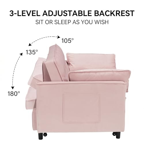 3 in 1 Convertible Sleeper Sofa Bed, Velvet Loveseat Futon Pull-Out Couch with Adjustable Reclining Backrest, Side Pockets and Pillows for Living Room, Bedroom, Apartment, Small Spaces (Pink-Velvet) - color: Pink-velvet