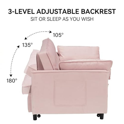 3 in 1 Convertible Sleeper Sofa Bed, Velvet Loveseat Futon Pull-Out Couch with Adjustable Reclining Backrest, Side Pockets and Pillows for Living Room, Bedroom, Apartment, Small Spaces (Pink-Velvet) - color: Pink-velvet