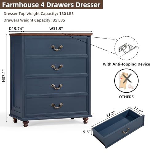 Joaxswe Farmhouse 4 Drawer Dresser for Bedroom, 37" Tall Rustic Chests of Drawers w/ 4 Solid Wood Feet, Mid Century Modern Wooden Closet Storage Dressers Organizer for Living Room, Hallway, Navy Blue - color: Blue, size: 15.7"D x 31.5"W x 37.2"H (4 Drawer