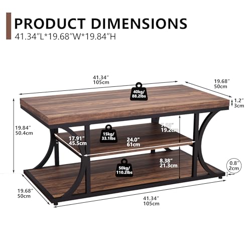 Farmhouse Coffee Table with Storage, 3-Tier Industrial Wood & Metal Coffee Table for Living Room, Rustic Rectangle Center Table with Open Shelves, Rustic Brown