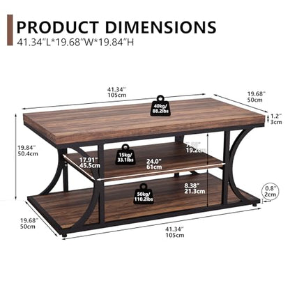 Farmhouse Coffee Table with Storage, 3-Tier Industrial Wood & Metal Coffee Table for Living Room, Rustic Rectangle Center Table with Open Shelves, Rustic Brown