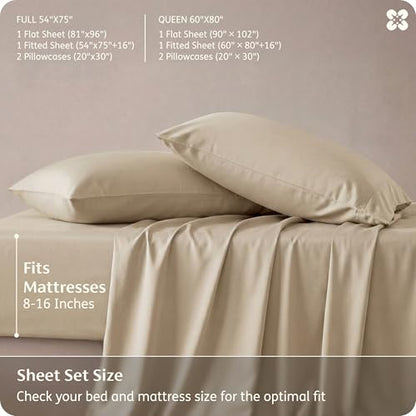 Bedsure PureWoven 100% Rayon Derived from Bamboo, Queen Sheets, 4 Pieces | Cooling Sheets for Hot Sleepers, Breathable & Silky Soft, 16" Deep Pocket, Hotel Luxury Bedding, Beige - color: 03 - Beige, size: Queen
