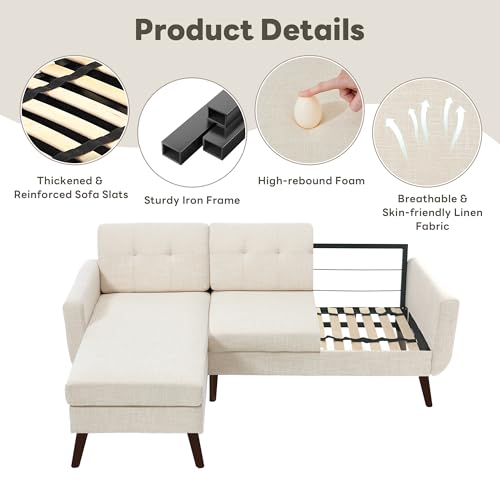 Tbfit L Shaped Couch Sofa, 80" W Mid-Century Modern Sectional Couches, 3 Seater Sofas with Wide Chaise Lounge, Button Tufted Upholstered Sectional Sofa for Living Room, Bedroom, Beige - color: Beige, size: 80" L-shape