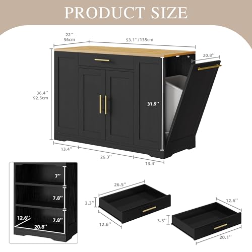 DWVO Large Kitchen Island with Trash Can Cabinet | 53 Inch Kitchen Island on Wheels, Rolling Island with Tilt‑Out Garbage Storage Fits 13 Gallon Bin, Spice Rack - color: Black