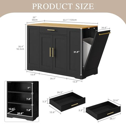DWVO Large Kitchen Island with Trash Can Cabinet | 53 Inch Kitchen Island on Wheels, Rolling Island with Tilt‑Out Garbage Storage Fits 13 Gallon Bin, Spice Rack - color: Black