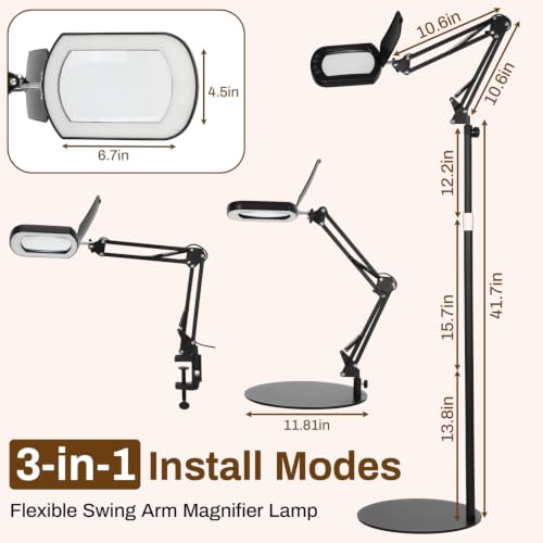 12X Magnifying Glass with Light, 3-in-1 LED Desk Lamp with Base Clamp & Floor Stand, 5 Color Modes Stepless Dimmable LED, Hands Free Magnifier for Reading, Crafts, Painting, Close Work
