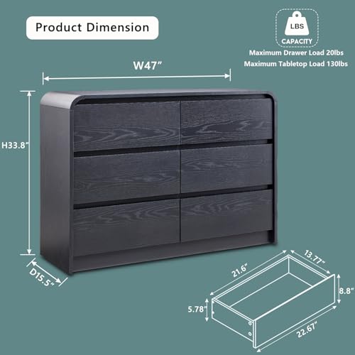 Aitjunz Modern 6 Drawers Dresser for Bedroom, 47" Wide Wood Dressers & Chests of Drawers w/Curved Profile Design, Mid Century Modern Dresser w/Natural Texture for Bedroom, Living Room, Black - color: Black, size: 15.5"D x 47.2"W x 33.9"H (6 Drawers)