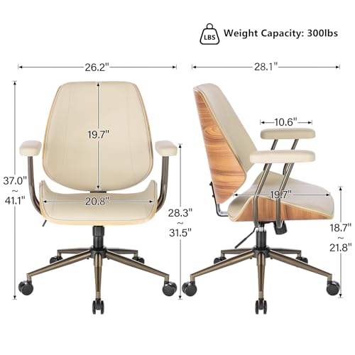 Modern Mid Back Office Chair, Adjustable Swivel Desk Chair with Arms, Beige | Faux leather seat, wood accent detail, mid-back with padded armrests, adjustable swivel, for home office, bedroom & study - color: Beige, size: 1-Piece Back / No Headrest