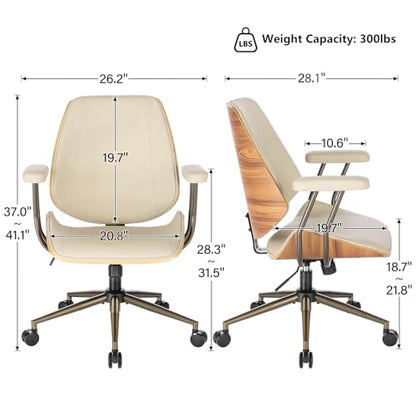 Modern Mid Back Office Chair, Adjustable Swivel Desk Chair with Arms, Beige | Faux leather seat, wood accent detail, mid-back with padded armrests, adjustable swivel, for home office, bedroom & study - color: Beige, size: 1-Piece Back / No Headrest