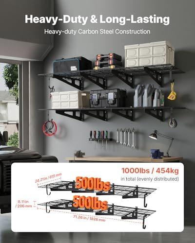VEVOR 2-Pack Heavy Duty Garage Wall Shelving, 2 x 6 ft Steel Wall Mounted Shelving Unit with Hooks, 24 x 72 Inch Per Shelf Floating Storage Metal Rack, 1000 lbs Total Weight Capacity - size: 2×6 ft