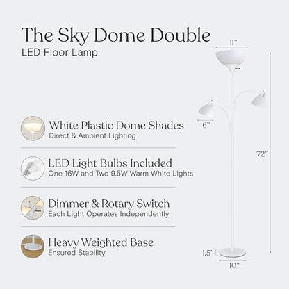 Brightech Sky Dome Double – High Brightness Torchiere Floor Lamp with 2 Reading Lights for Living Rooms, Bedrooms – Replace Halogen Standing Lamps with Efficient LED Office Lighting - Tall White Pole - color: White