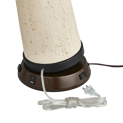 Rocco 30" Large Table Lamp White Ceramic USB Workstation Base Oak Wood | Mid Century Modern Charging Ports and AC Power Outlet Living Room Bedroom House Bedside Nightstand Office Home Tan Drum Shade - color: White Ceramic with USB Workstation Base