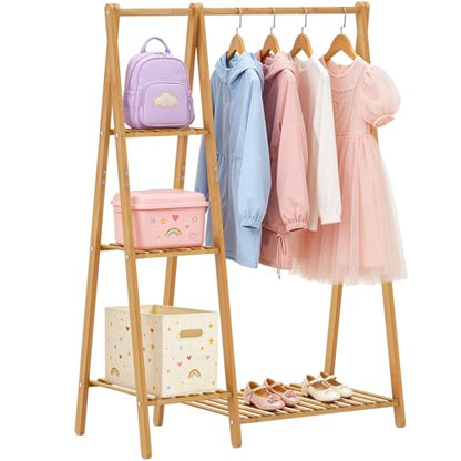 Small Clothes Racks,Kids Clothing Hanging Rack, Bamboo Garment Rack | Wood Corner Baby Chidren Toddler Nursey Clothes Hanger Rack Dress Costume Rack with 4 Shelves,Sturdy A Frame ,Portable