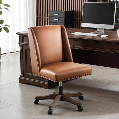 Upholstered Armless Office Chair Faux Leather Swivel Home Desk Office Chair | Modern Comfy Boho Office Chair with Wheels Adjustable Desk Chair no Arms for Sewing Women Farmhouse Study Studio PU Brown - color: Pu Brown