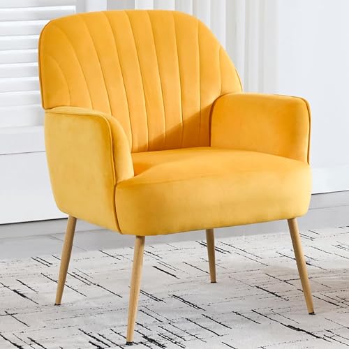 GDFStudio 25" Velvet Accent Chair with Arms and Back, Modern Shell-Shaped Upholstered Barrel Chairs, Small Comfy Reading Chair Lounge Chairs with Solid Legs for Living Room Bedroom Office Cafe, Yellow - color: Yellow