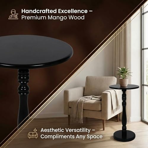 Relso Stambha Solid Wood Drink Table - 24" Tall Round Accent Side Table, Handcrafted Black Finish, Mango Wood, Perfect for Living Room, Bedroom or Indoor Plant Stand, 12" Compact Top - color: Stambha Black