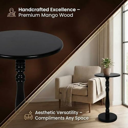 Relso Stambha Solid Wood Drink Table - 24" Tall Round Accent Side Table, Handcrafted Black Finish, Mango Wood, Perfect for Living Room, Bedroom or Indoor Plant Stand, 12" Compact Top - color: Stambha Black