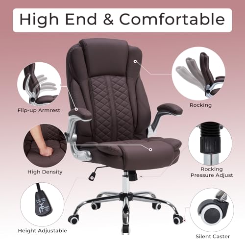 400lbs Executive Office Chair with Flip-Up Armrests, Big and Tall Computer Chair for Heavy People, Heavy Duty Ergonomic Comfy Chair, Breathable PU Leather (Darkbrown) - color: Darkbrown