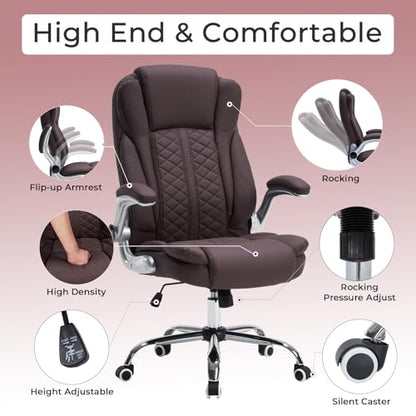 400lbs Executive Office Chair with Flip-Up Armrests, Big and Tall Computer Chair for Heavy People, Heavy Duty Ergonomic Comfy Chair, Breathable PU Leather (Darkbrown) - color: Darkbrown