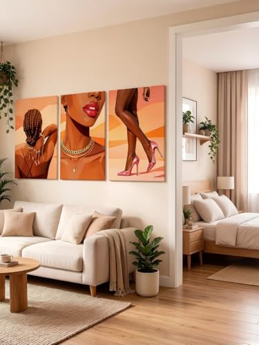 RYZopmuy Black Girl Wall Art Set of 3 Modern Black Female Painting Pictures | African American Black Women Canvas Posters Black Female Painting Pictures for Bedroom Living Room Bathroom 12x16in - color: African American women, size: 16L"x12W"