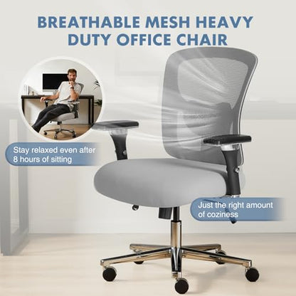 DUMOS Big and Tall Office Desk Chair, 500lbs Heavy Duty Mesh Chair | Ergonomic 4D Armrest, Comfortable Lumbar Support, Wide Seat, 360° Swivel Rolling Wheels, Adult, Grey - color: Light Grey