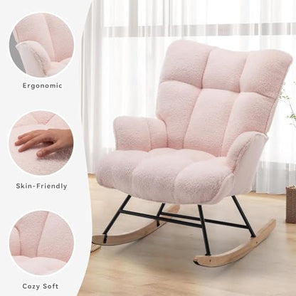 Rocking Chair Nursery Teddy Upholstered Glider Rocker Rocking Accent Chair Padded Seat with High Backrest Armchair Comfy Side Chair for Living Room Bedroom Offices (Pink Teddy) - color: Pink