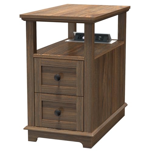 HIFYOBRO Narrow End Table with Flip Top Charging Station and 2 Drawers | Type-C & USB Port & Power outlets, Wooden Storage Cabinet, Side Table with Storage for Living Room and Bedroom - color: Dark Walnut, size: 1 Piece