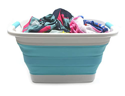 SAMMART 37L (9.77 Gallon) Collapsible Plastic Laundry Basket - Foldable Pop Up Storage Container/Organizer - Portable Washing Tub - Space Saving Hamper/Basket (2, Grey/Bright Blue)