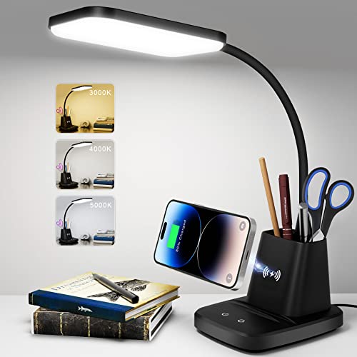 LED Desk Lamp with 10W Wireless Charging & Pen Holder, Black | CRI 95, 800LM, Stepless Dimming, 3 Modes, 360°Flexible Arm, Touch, Study Table Lamp for Home Office, Dorm Room, with Adapter - color: Black