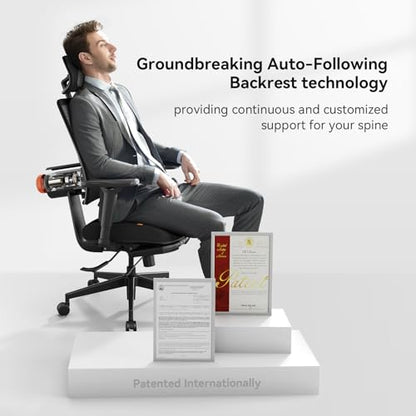 Ergonomic Home Office Chair-Office Desk Chair with Footrest, Auto-Following Backrest & Headrest, 4D Armrests, 96°-136° Recline (Black, with Laptop Table + 2D Headrest) - color: Black, size: With Laptop Table + 2D Headrest