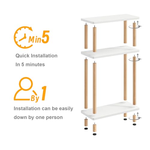 Apicizon Small Narrow Side Table, 3-Tier End Table, White Natural | Sofa Side Table, Slim End Table, Wood Storage Shelf, Slim Nightstand Bedside Table for Narrow Spaces, Living Room, Bedroom - color: White and Natural, style: Narrow Side Table