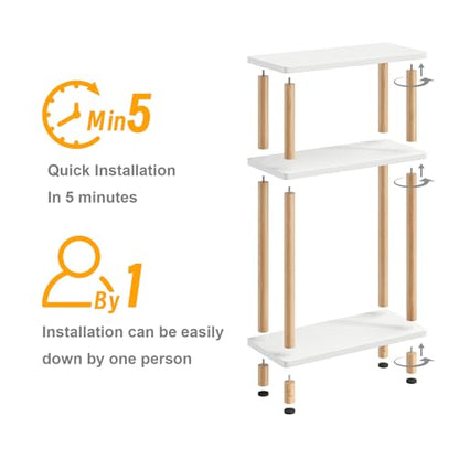 Apicizon Small Narrow Side Table, 3-Tier End Table, White Natural | Sofa Side Table, Slim End Table, Wood Storage Shelf, Slim Nightstand Bedside Table for Narrow Spaces, Living Room, Bedroom - color: White and Natural, style: Narrow Side Table