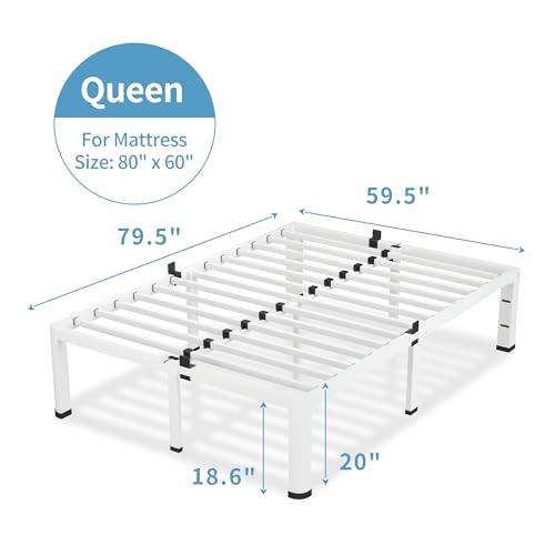 20 Inch White Queen Bed Frame with Round Corners No Box Spring Needed | 3500lbs Heavy Duty, Under bed storage, 4 mattress stoppers, Headboard holes, Noise-free, Easy assembly & rubber covers - size: Queen, style: 20 Inch White