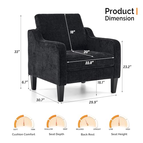 VINGLI Chair Black Upholstered Chenille Accent Chair for Living Room, Bedroom, Mid-Century Modern Arm Chair Comfy Reading Chair with Scooped Arms - color: Black