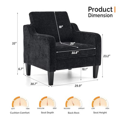 VINGLI Chair Black Upholstered Chenille Accent Chair for Living Room, Bedroom, Mid-Century Modern Arm Chair Comfy Reading Chair with Scooped Arms - color: Black