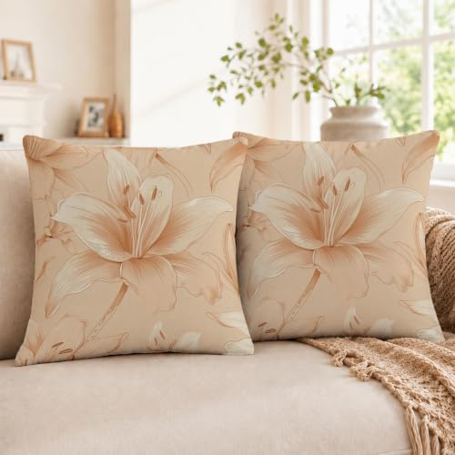 Floral 18x18 Throw Pillow Covers Set of 2, Decorative Vintage Floral Cushion Cases for Couch Sofa Bed, Morandi Peach Orange Nordic Linen Pillowcases Modern Home Decor Lily - color: Lily