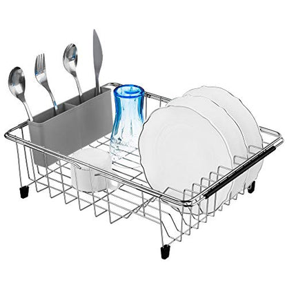 Expandable Multifunctional Dish Drying Rack, Over The Sink, in Sink Or On Counter Dish Drainer Basket Organizer Shelf with Removable Grey Utensil Silverware Holder, Rustproof Stainless Steel - color: Gray