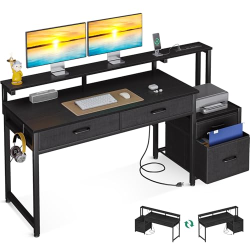 AODK Computer Desk with 4 Drawers, 55 Inch Office Desk with Printer Shelf & Built-in Power Outlet, Work Desk with Monitor Shelf for Home Small Spaces, Black - color: Black