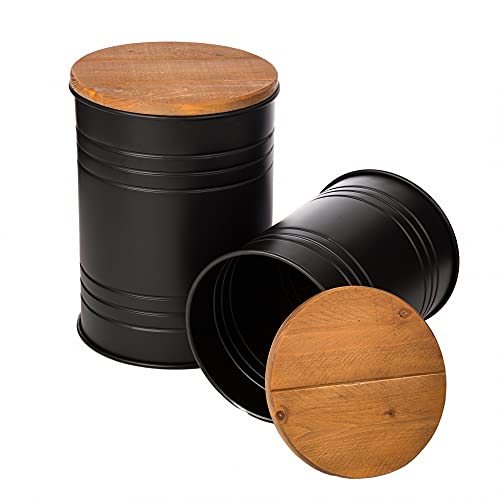 Glitzhome Rustic End Table Set of 2, Farmhouse Galvanized Metal Barrel Ottoman Storage Stool with Round Wood Lid for Living Room Furniture, Black - color: Black