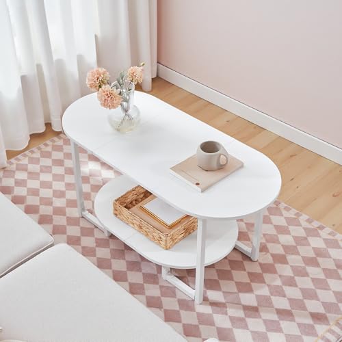 HOOBRO Coffee Table for Living Room, Oval Small Coffee Table with 2-Tier Open Storage Shelf, Industrial Cocktail Tea Table, Wooden Desktop Center Table, Farmhouse, Home Office, White WW09KF01 - color: White