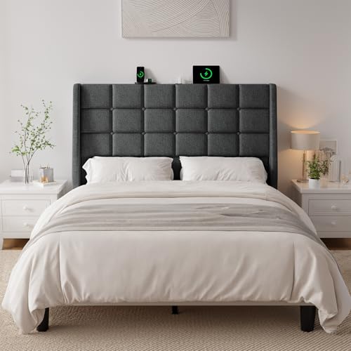 Ergonomic Upholstered Headboard Full Size w/Charging Station, Linen Wingback Headboards w/Storage Pocket, Full Headboard Only, Bed Frame Adapters, Sturdy Stable Solid Wood Bed Head Board, Dark Grey - color: Dark Grey, size: Full