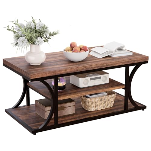 Farmhouse Coffee Table with Storage, 3-Tier Industrial Wood & Metal Coffee Table for Living Room, Rustic Rectangle Center Table with Open Shelves, Rustic Brown