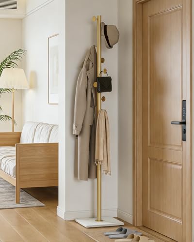 Clothes Rack Freestanding, Coat Stand with 8 Hooks, Gold | Small Garment Rack with Heavy Rock Slab Base, Modern Metal Clothing Rack for Hanging Clothes with 8 Hooks for Bedroom, Office - color: Gold