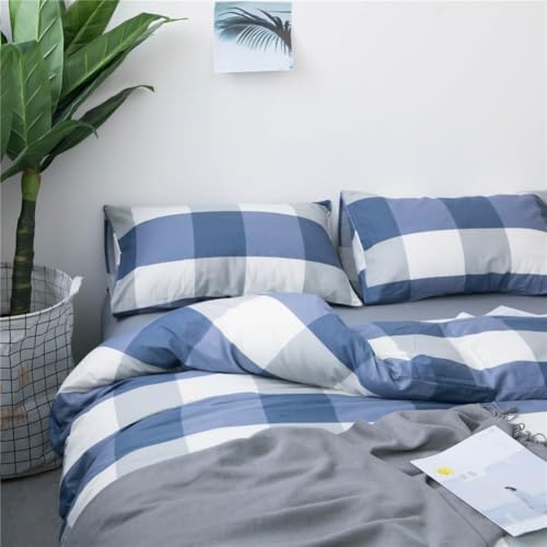 LifeTB Blue White Plaid Duvet Cover Twin Modern Soft 100% Cotton Comforter Cover Simple Style Plaid Grid Duvet Cover with 2 Pillowcases Blue White Grey Checked Bedding Set Twin - color: A2# Plaid, size: Twin(68"x86")